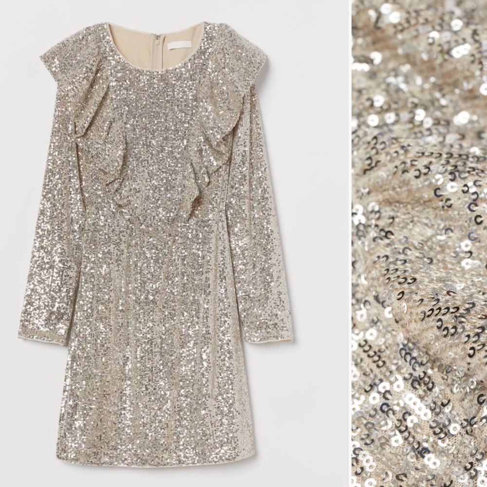 H&M festive cream flounce-trimmed sequined long sleeve mini dress NWT